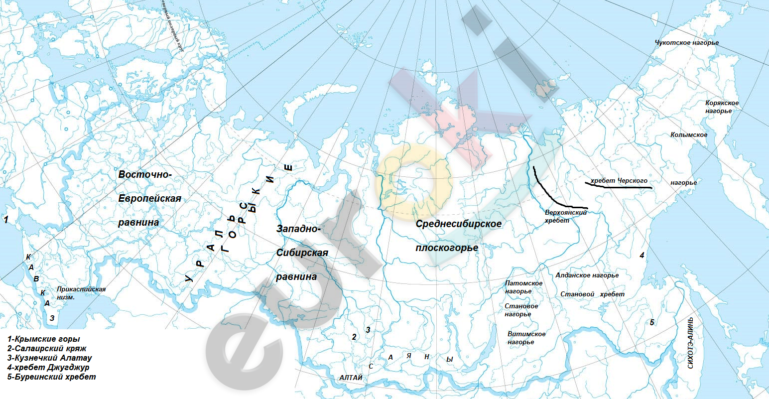Формы рельефа России на контурной карте