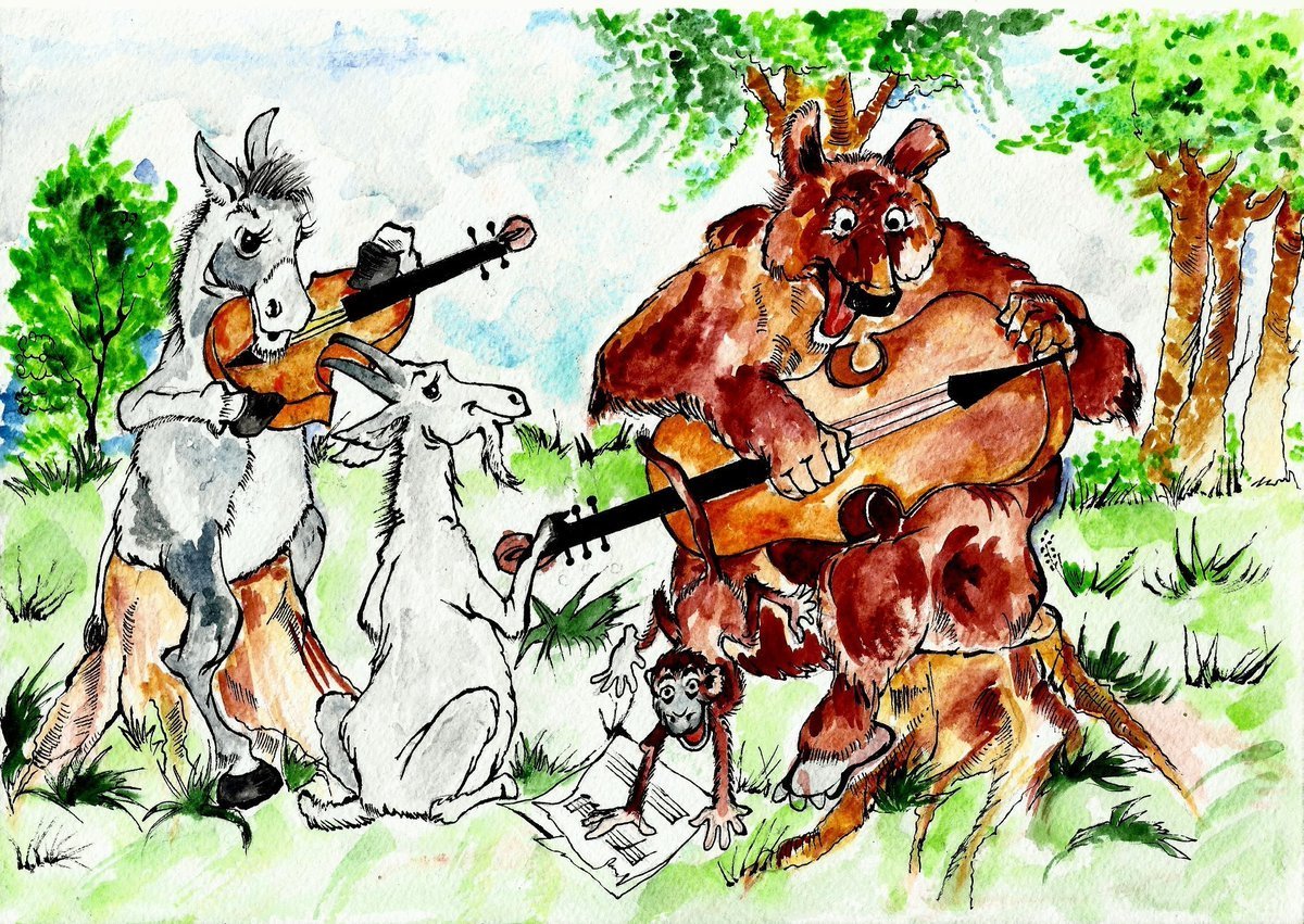 A cartoon of animals playing instruments Description automatically generated