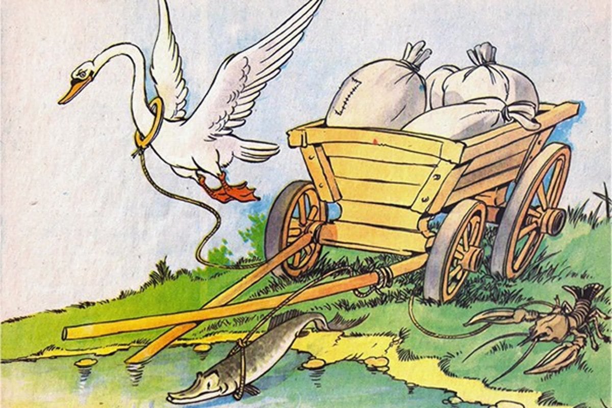 A cartoon of a bird pulling a cart Description automatically generated
