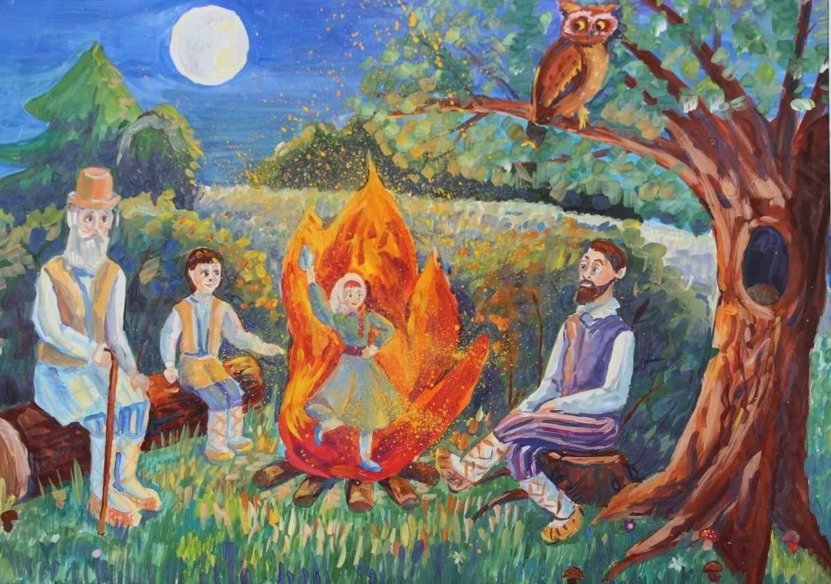 A painting of a person and children sitting around a campfire Description automatically generated