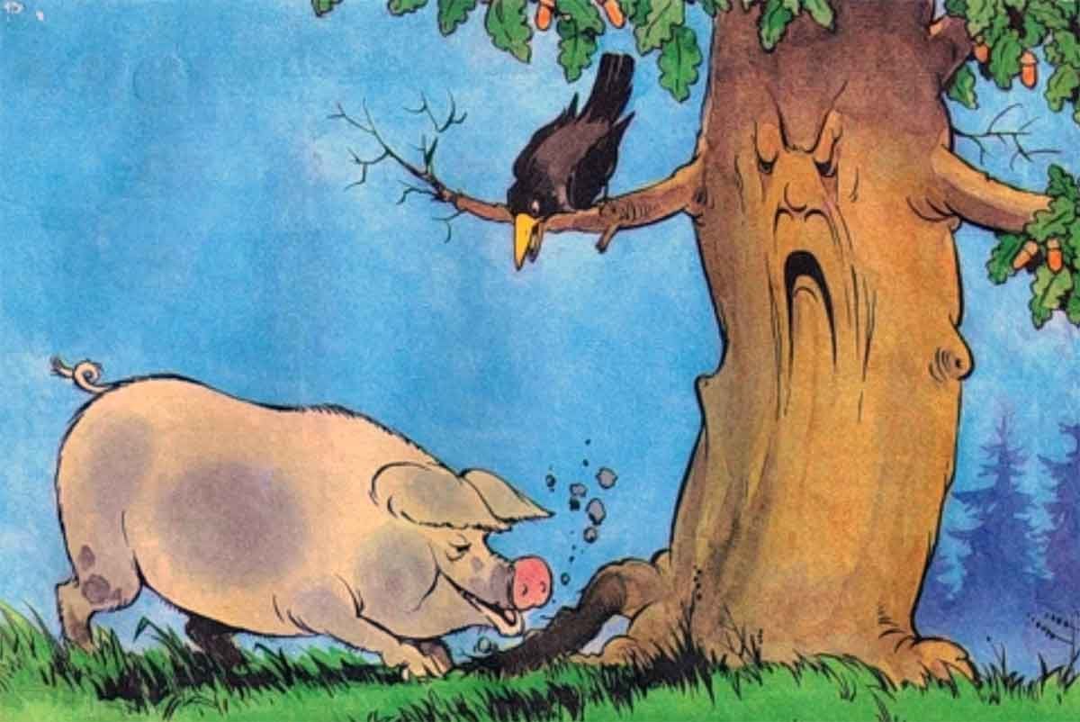 A cartoon of a pig and a bird Description automatically generated