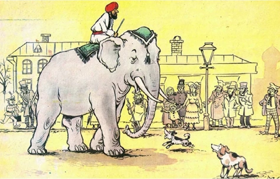 A cartoon of a person riding an elephant Description automatically generated