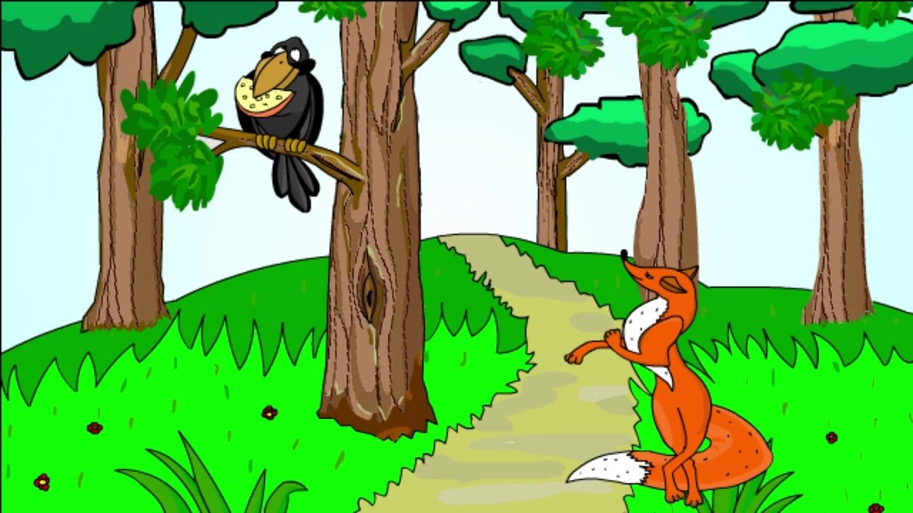 A cartoon of a fox and a crow on a tree branch Description automatically generated