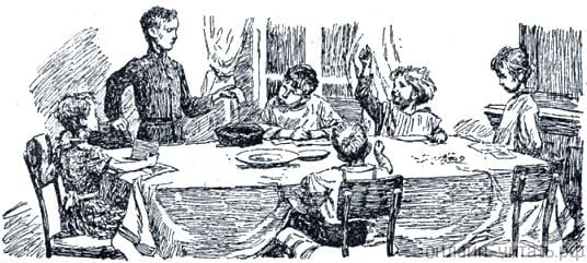 A drawing of a family at a table Description automatically generated