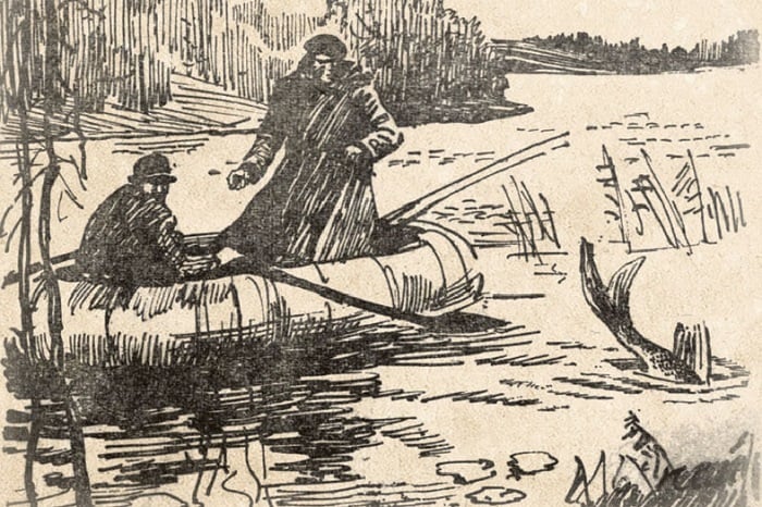 A drawing of a person in a boat Description automatically generated