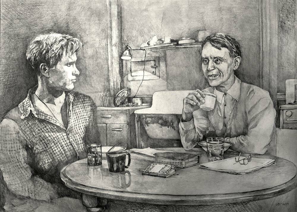 A drawing of two men sitting at a table Description automatically generated