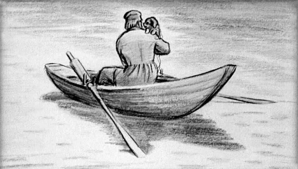 A drawing of a person in a boat Description automatically generated