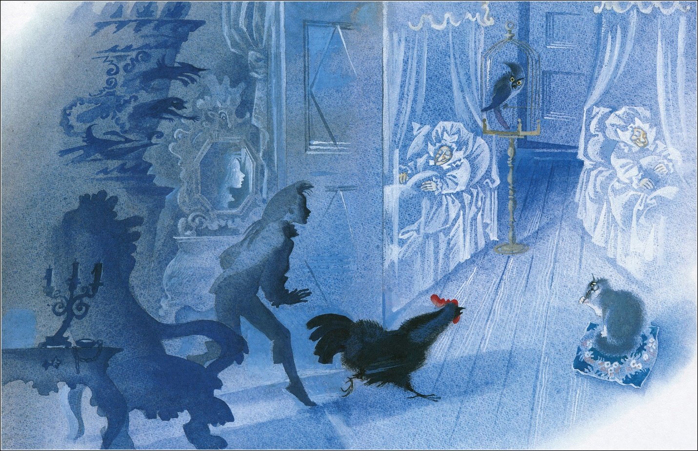 A blue drawing of a rooster and a person in a blue room Description automatically generated