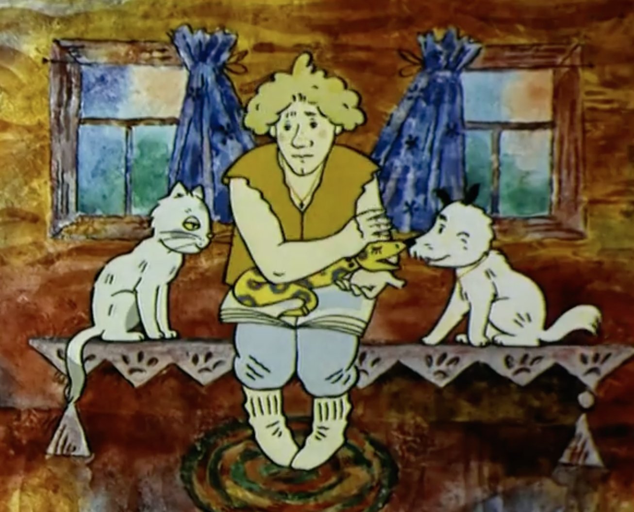 A cartoon of a person sitting on a table with cats Description automatically generated