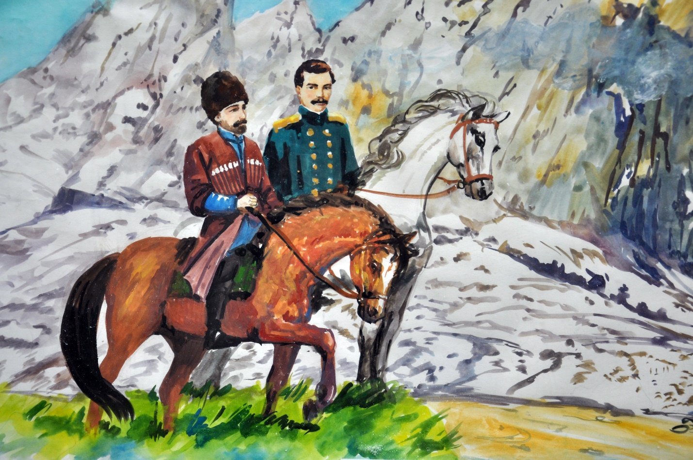 A painting of two men riding horses Description automatically generated