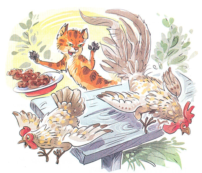 A cat chasing chickens at a table Description automatically generated